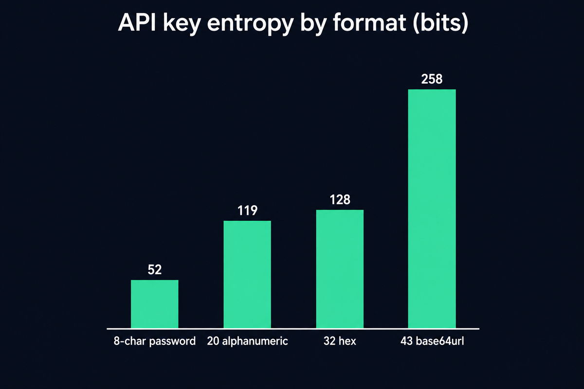 Bar chart of API key entropy by format: an 8-character password has 52 bits, 20 alphanumeric characters 119 bits, 32 hex characters 128 bits, and 43 base64url characters 258 bits